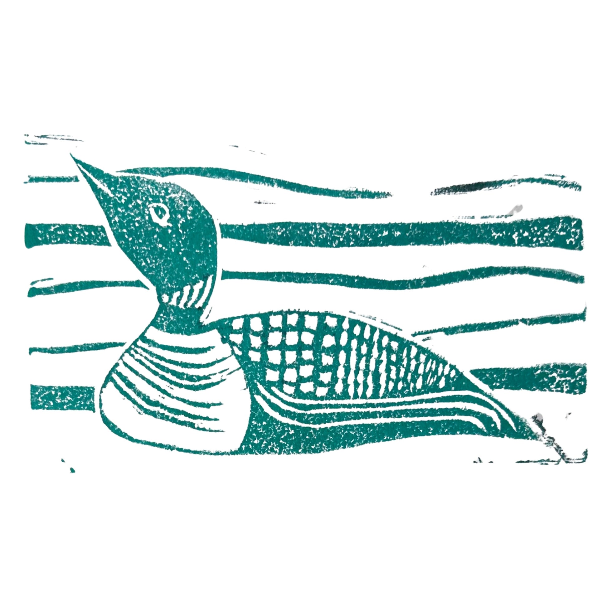 The Maine Loon Handmade Stamp Art by Rustic County features a stylized illustration of a loon in green, adorned with abstract lines and geometric patterns. The bird is showcased against a backdrop of horizontal, wavy lines, reminiscent of traditional Maine Loon Stamp Art.