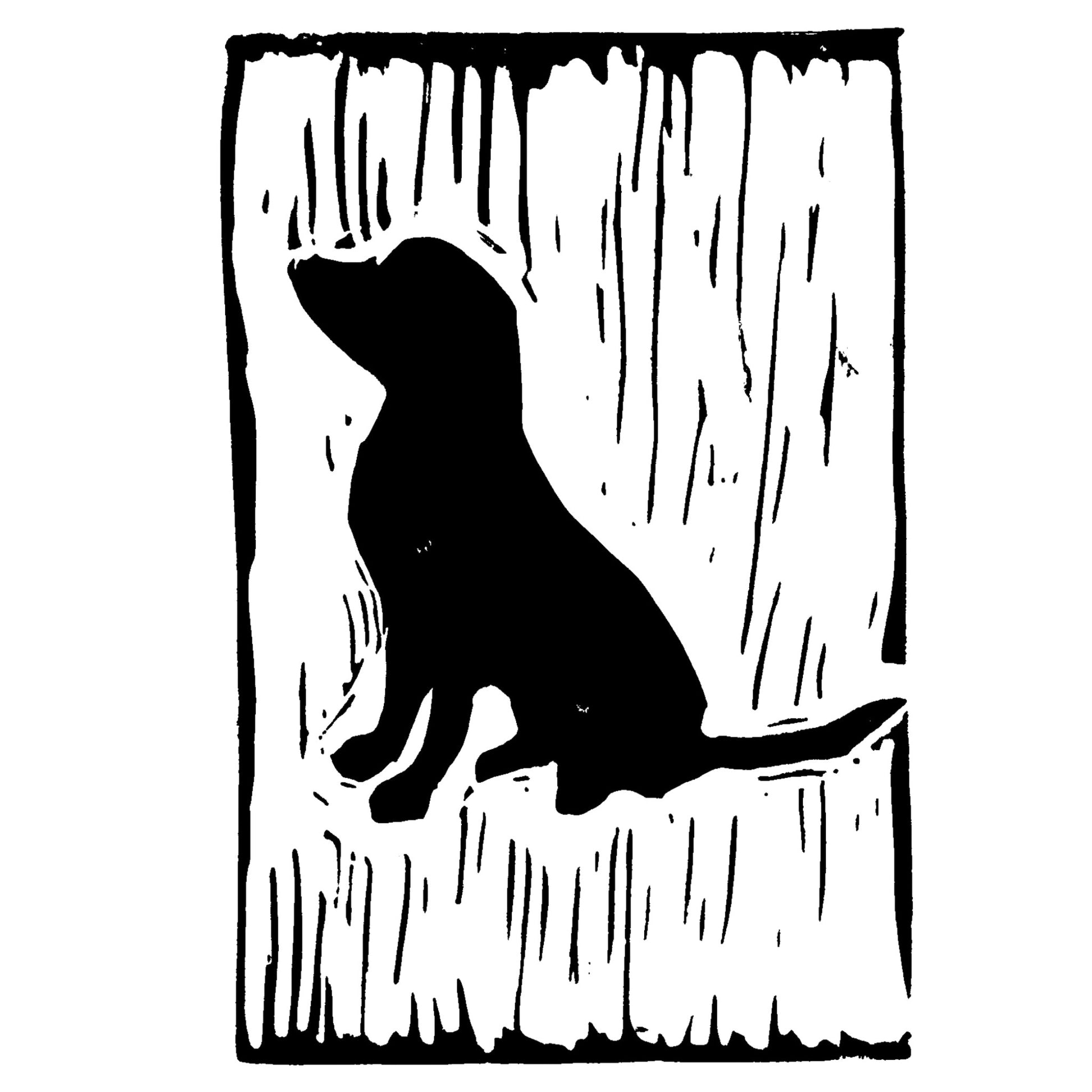 Experience the charm of Rustic County's Puppy Love Handmade Stamp Art, featuring a black and white woodcut-style illustration of a seated dog silhouette against a textured background. This artistic creation is an exceptional personalized gift for any dog lover.