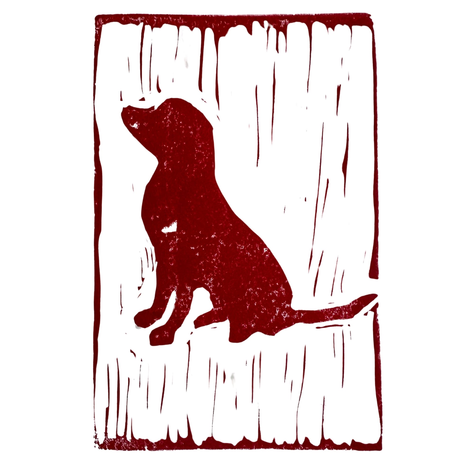 Featuring a red silhouette of a seated dog against a textured white rectangular background, the Puppy Love Handmade Stamp Art by Rustic County beautifully resembles elegant woodcut style. This handmade masterpiece exudes charm, making it an ideal personalized gift for art lovers and pet enthusiasts alike.