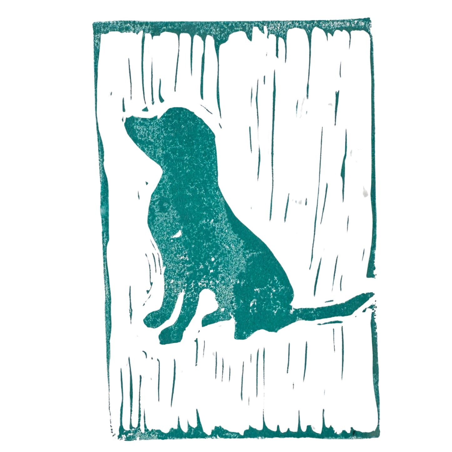 Featuring a teal stencil illustration of a dog sitting with its tail outstretched against a textured vertical-lined background, this piece captures the essence of Puppy Love Handmade Stamp Art by Rustic County—making it an ideal personalized gift.