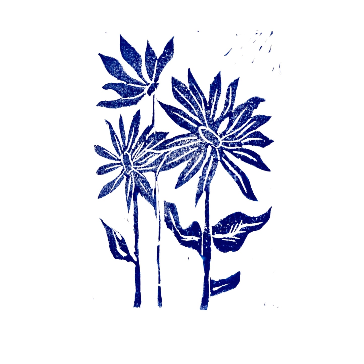 Discover Rustic County's "Sunflowers Handmade Stamp Art," a blue linocut print of three stylized flowers with pointed petals and large leaves on thin stems. This handcrafted piece, set against a pristine white background, evokes a sense of personal treasure.