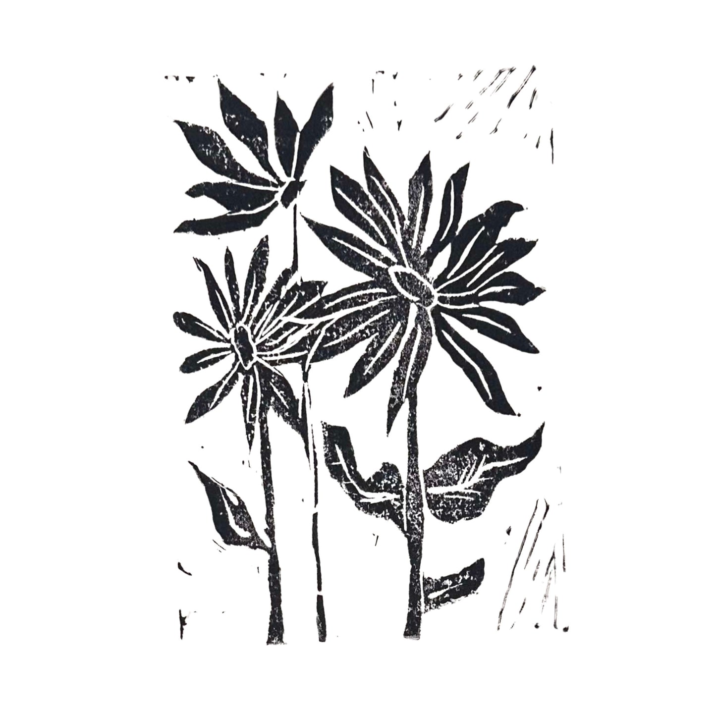 This Sunflowers Handmade Stamp Art by Rustic County showcases three stylized sunflowers with elongated petals and broad leaves in a striking black and white linocut print. The flowers' long stems stand out against a plain background, making it a perfect personal treasure for any admirer.