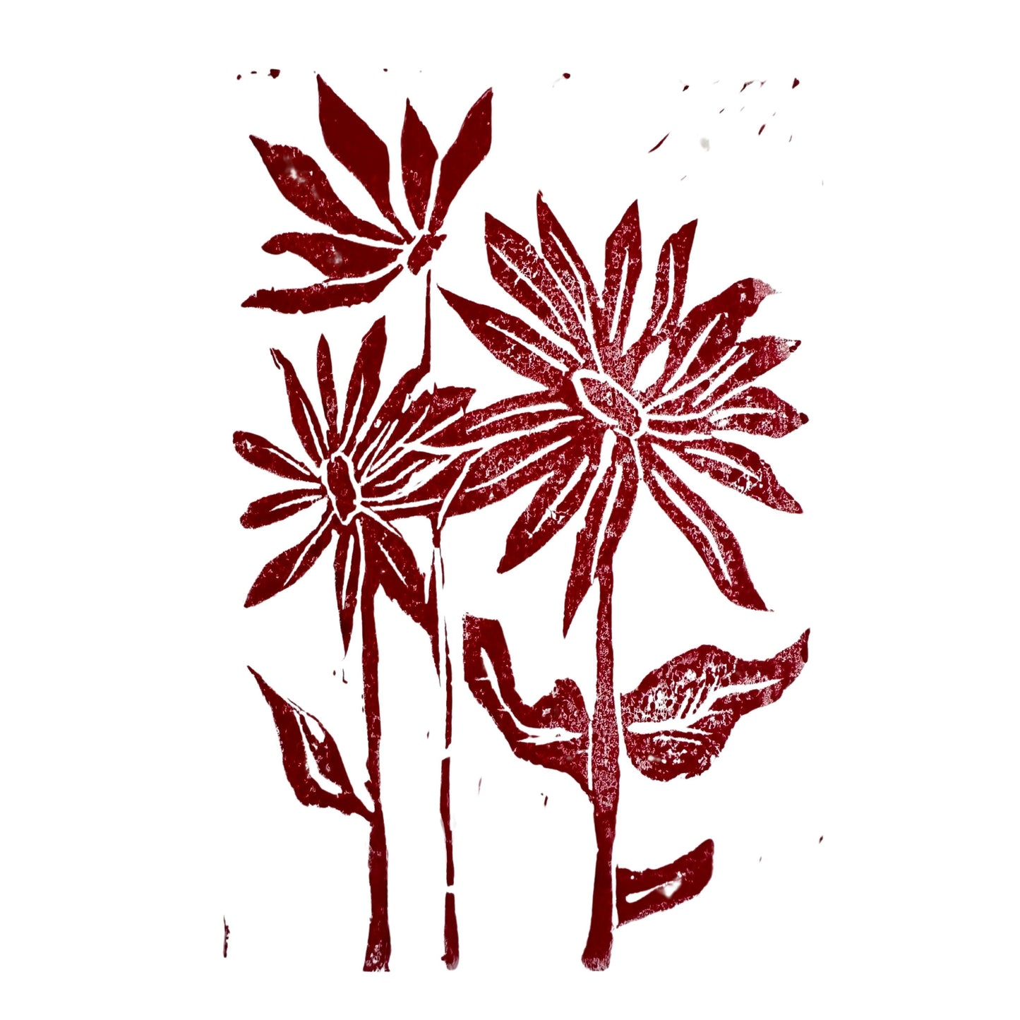 The Sunflowers Handmade Stamp Art from Rustic County features a handcrafted red linocut print of three stylized flowers with elongated petals and leaves, arranged vertically. Two taller blooms stand on the right while a shorter one is on the left. This unique piece contrasts beautifully against a white background, reminiscent of Sunflower Stamp Art, accentuating its floral charm.